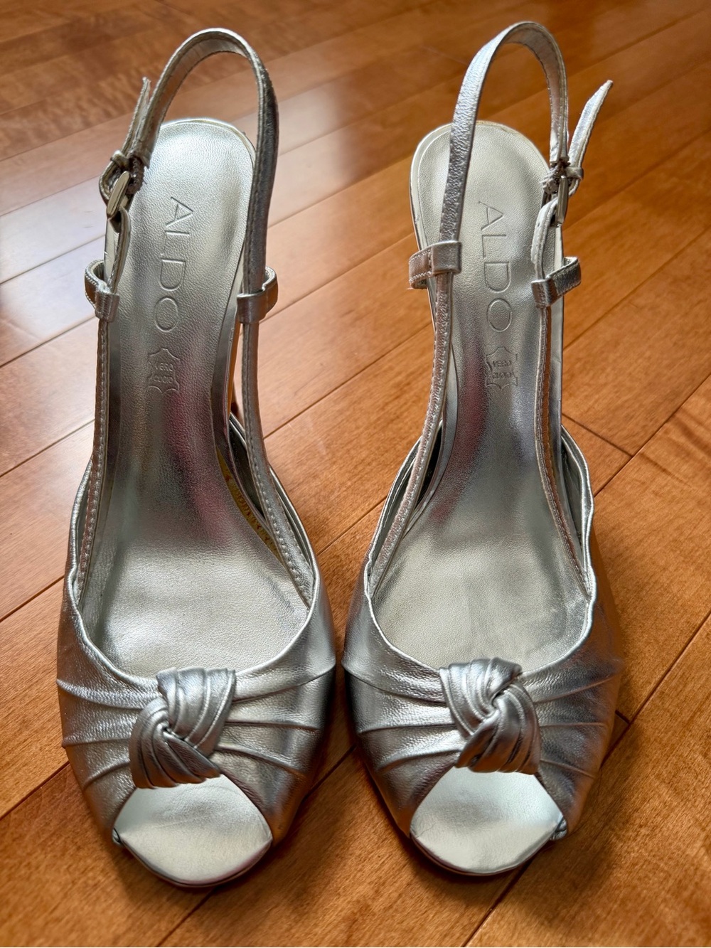 ALDO Silver Knotted Peep-Toe Slingback Heels